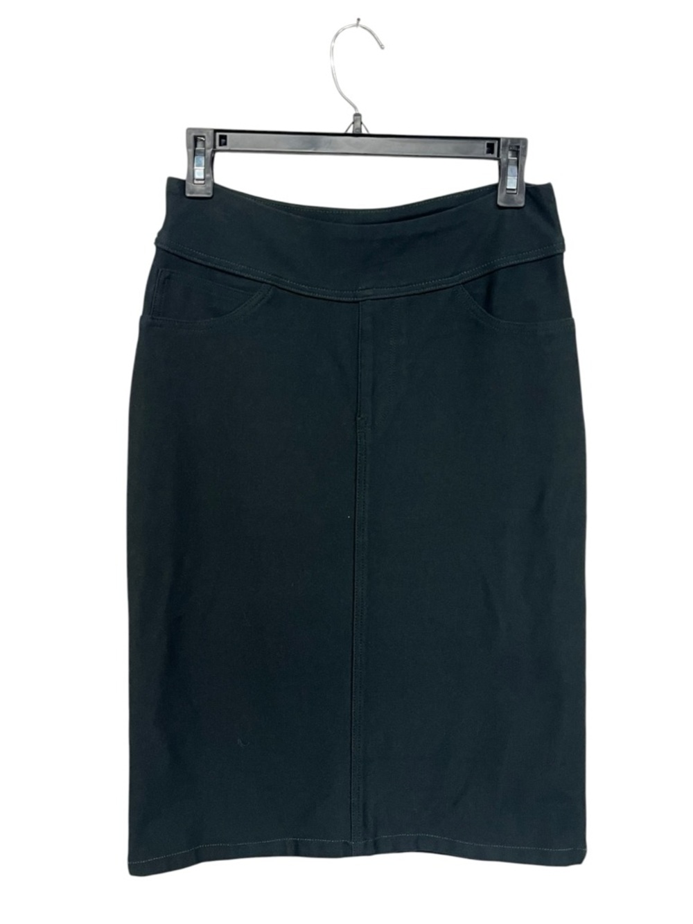 The Main Street Exchange | Black Pull On Stretch Fabric Sara Style Midi Skirt 6